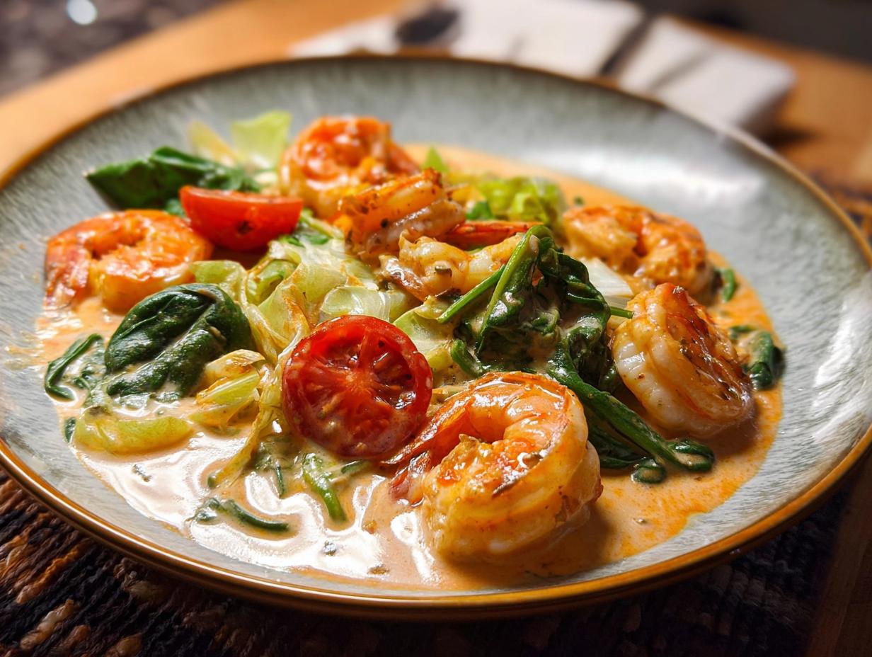 Close-up of a creamy shrimp recipe dish with cherry tomatoes and spinach.