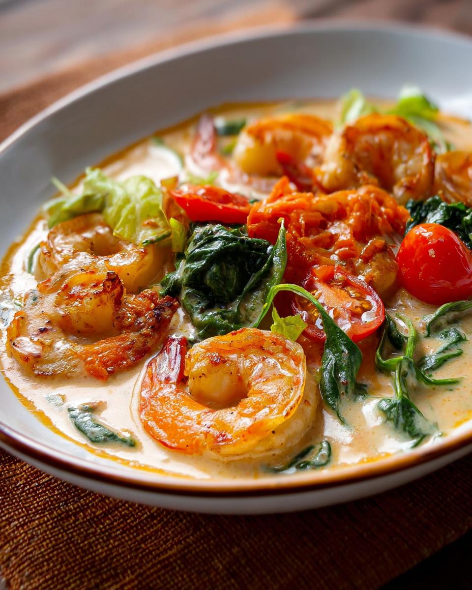 Close-up of a delicious shrimp recipe in a creamy sauce with cherry tomatoes and spinach.