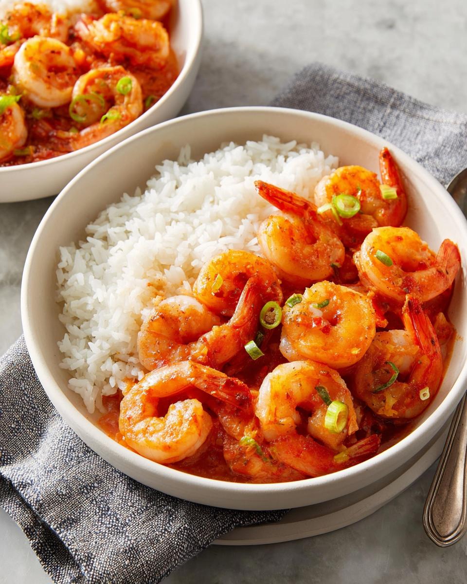 A bowl of fluffy white rice topped with succulent, saucy shrimp and garnished with green onions. This is a delicious shrimp recipe.