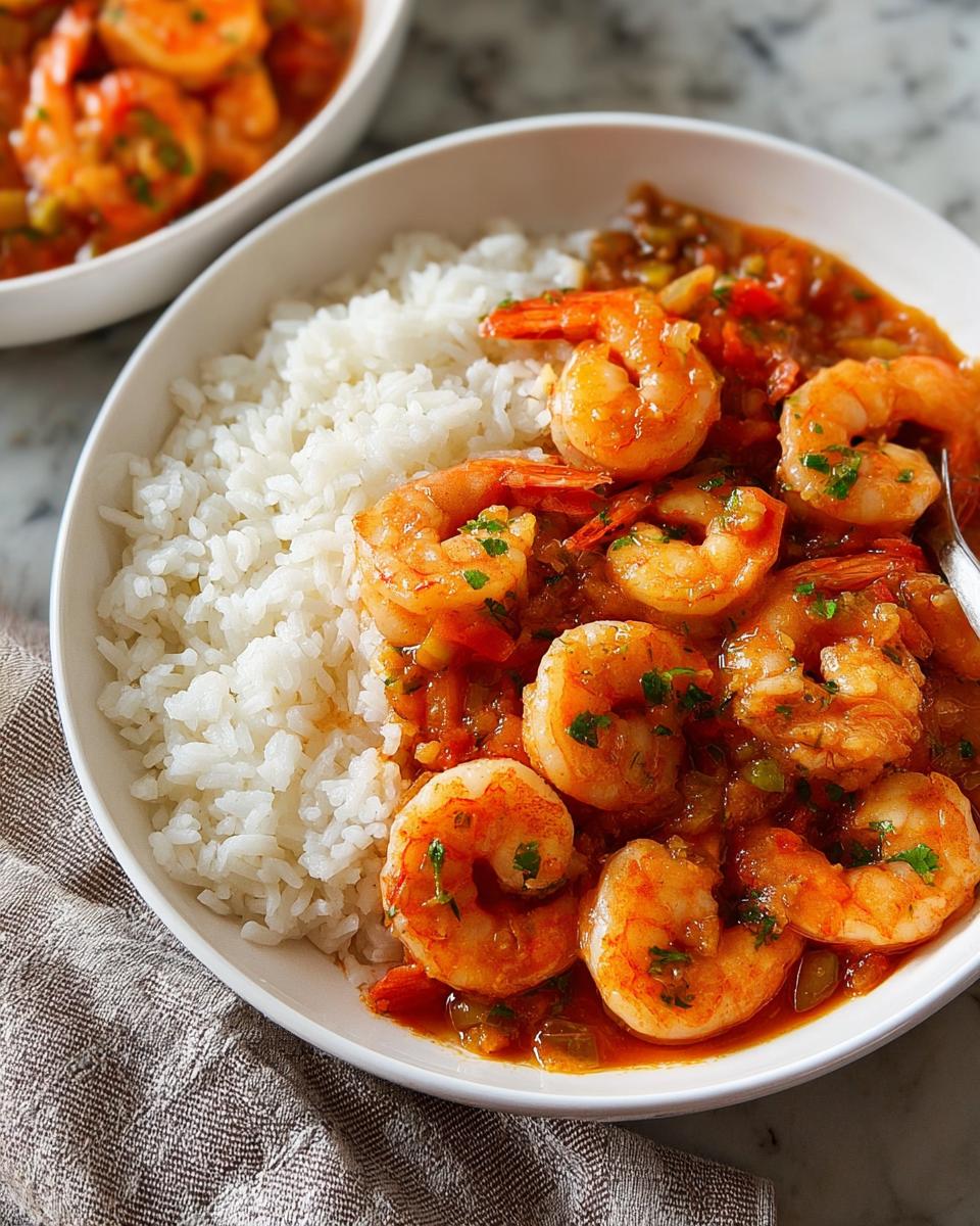A bowl of white rice topped with succulent shrimp in a rich, red sauce, perfect for shrimp recipes.