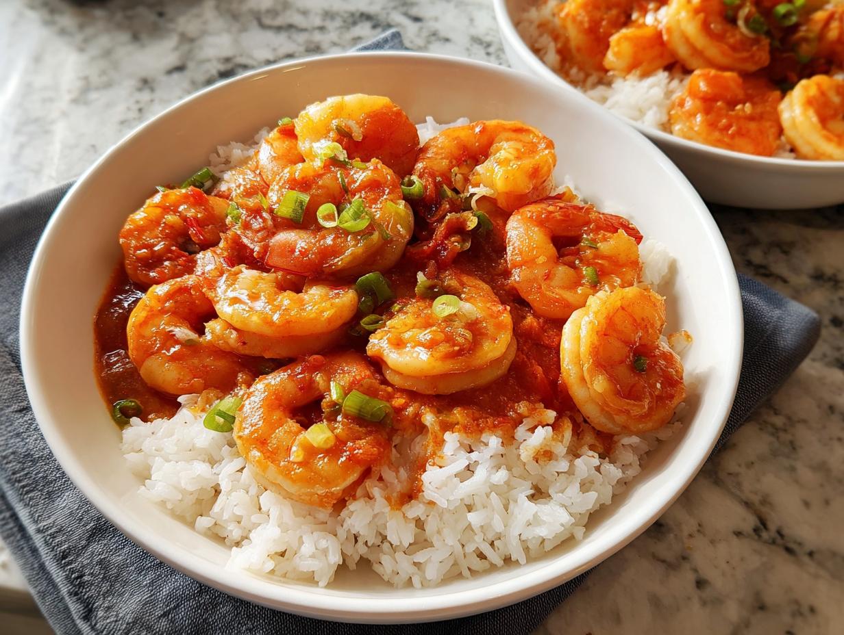 A bowl of white rice topped with succulent shrimp in a rich, red sauce, garnished with green onions. A perfect shrimp recipe.