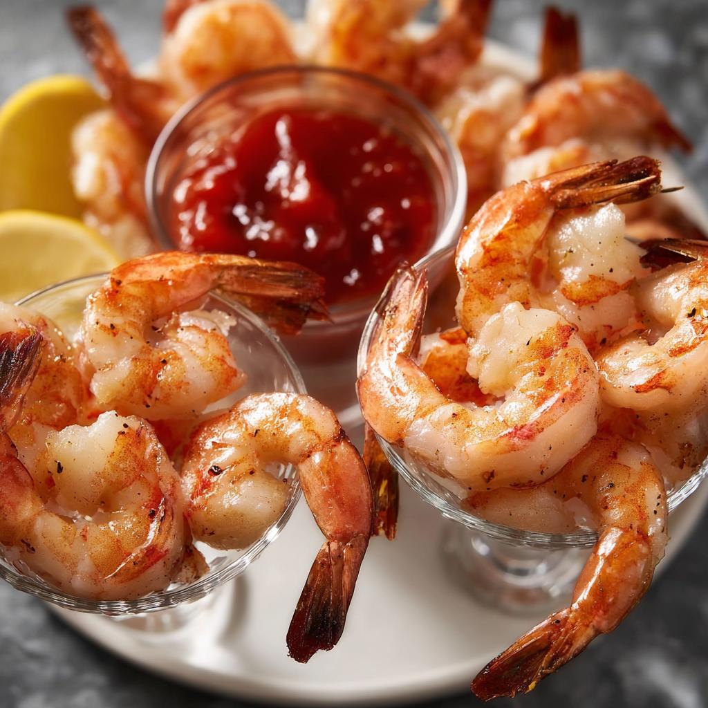 Close-up of perfectly cooked shrimp served in small glasses with cocktail sauce and lemon wedges, showcasing delicious shrimp recipes.