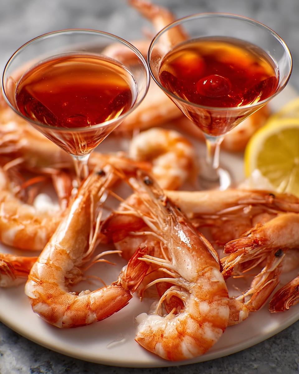 A plate of cooked shrimp served with two cocktails and lemon slices, perfect for learning how to make shrimp recipes.