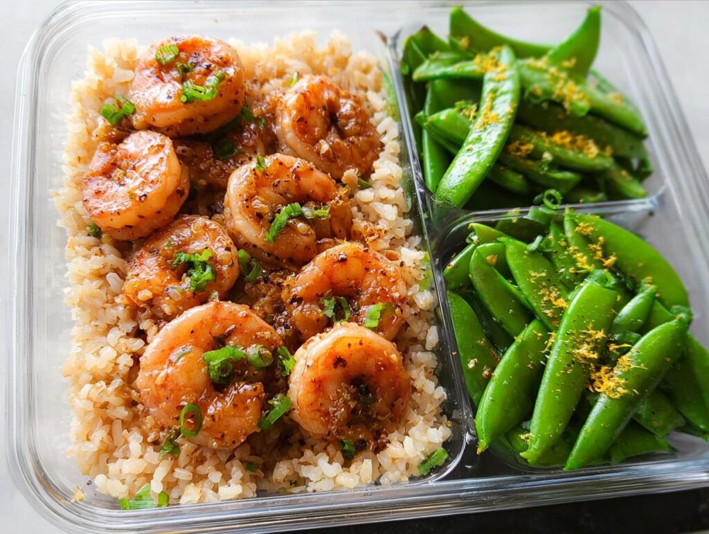 Meal prep container with seasoned shrimp over rice and a side of snap peas, perfect for shrimp recipes meal prep.