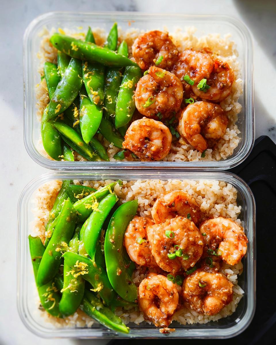 Two meal prep containers filled with brown rice, seasoned shrimp, and snap peas for easy shrimp recipes.