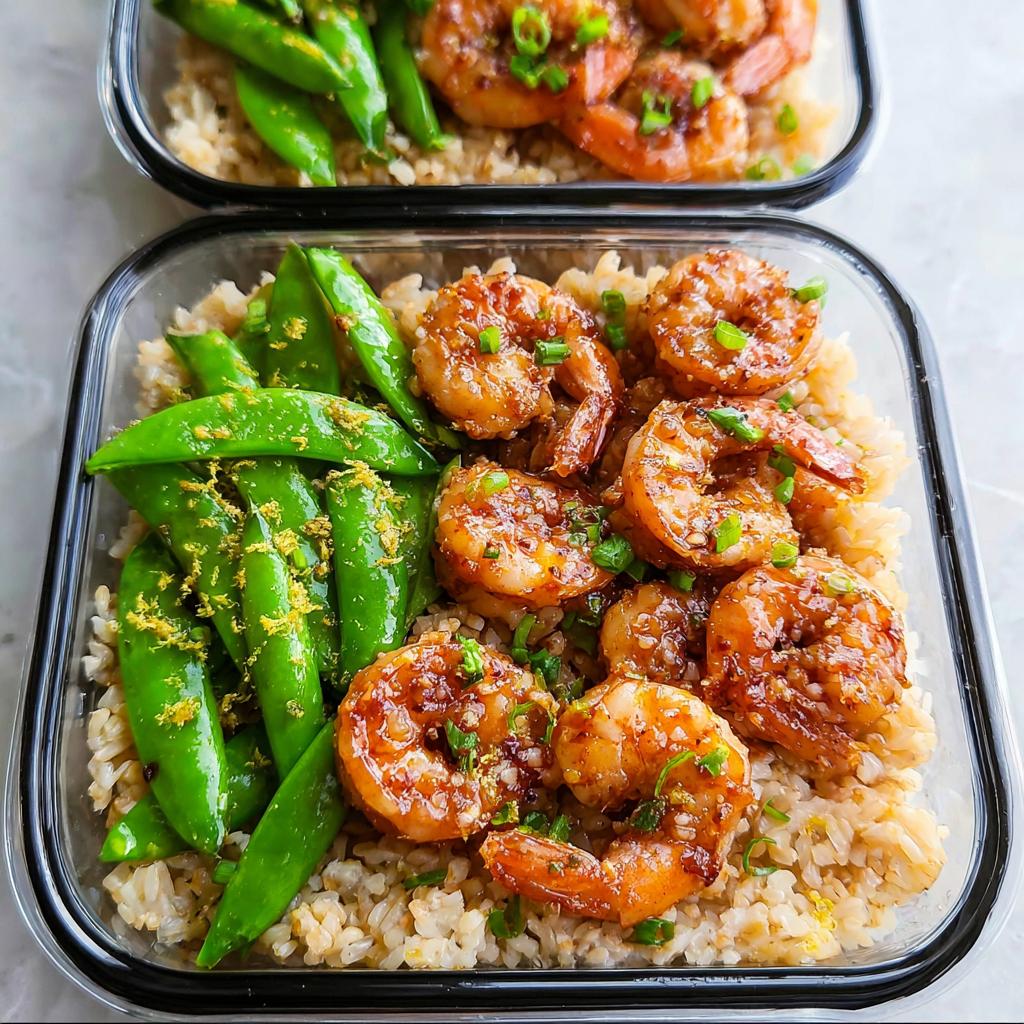 Meal prep containers filled with brown rice, glazed shrimp, and snow peas, perfect for shrimp recipes meal prep.