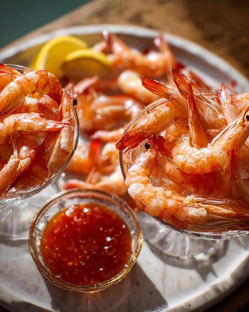 A platter of cooked shrimp served with a dipping sauce and lemon wedges, perfect for shrimp recipes.