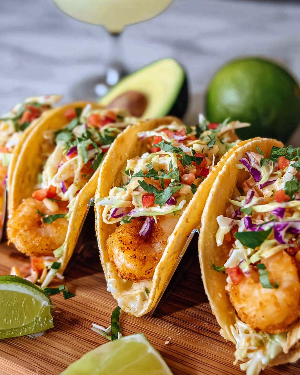 Close-up of three crispy shrimp tacos topped with slaw, tomatoes, and cilantro, served with lime wedges.