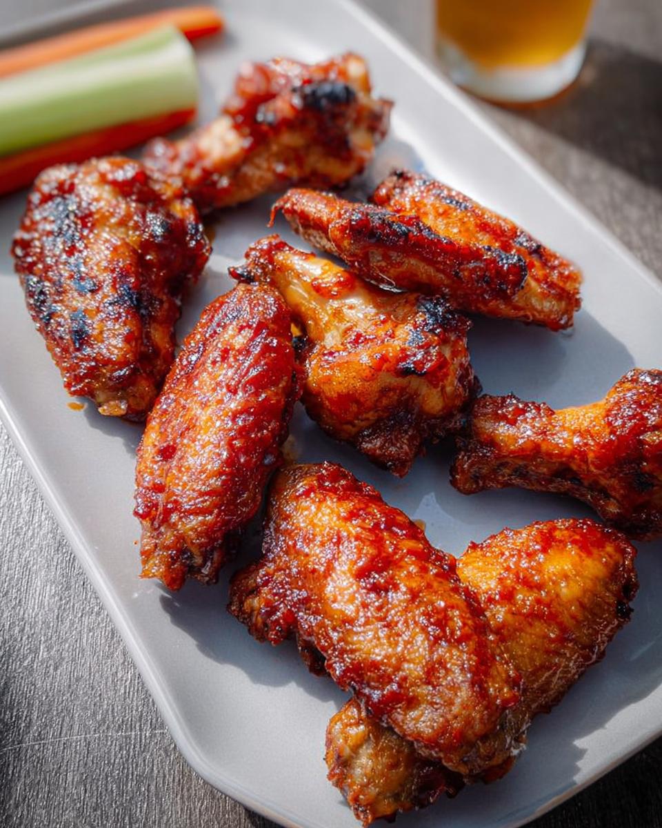 A plate of freshly cooked, glazed chicken wings with celery and carrot sticks, perfect for chicken wings recipes.