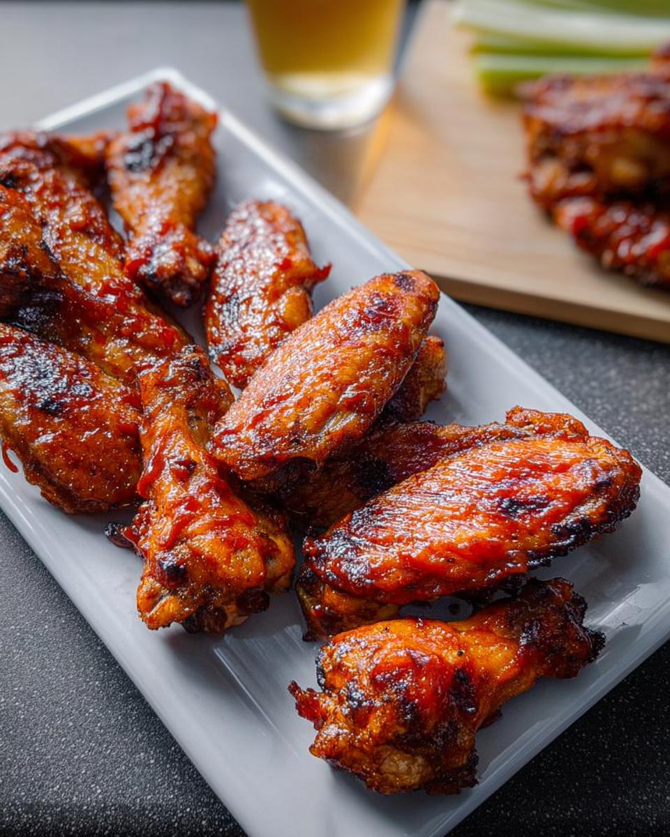 A close-up of a plate of delicious, glossy chicken wings, perfect for any chicken wings recipes.