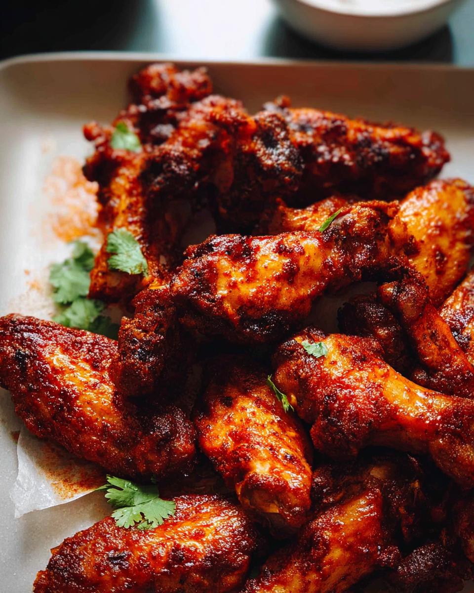 A close-up of a platter of perfectly baked spicy chicken wings, garnished with fresh cilantro.