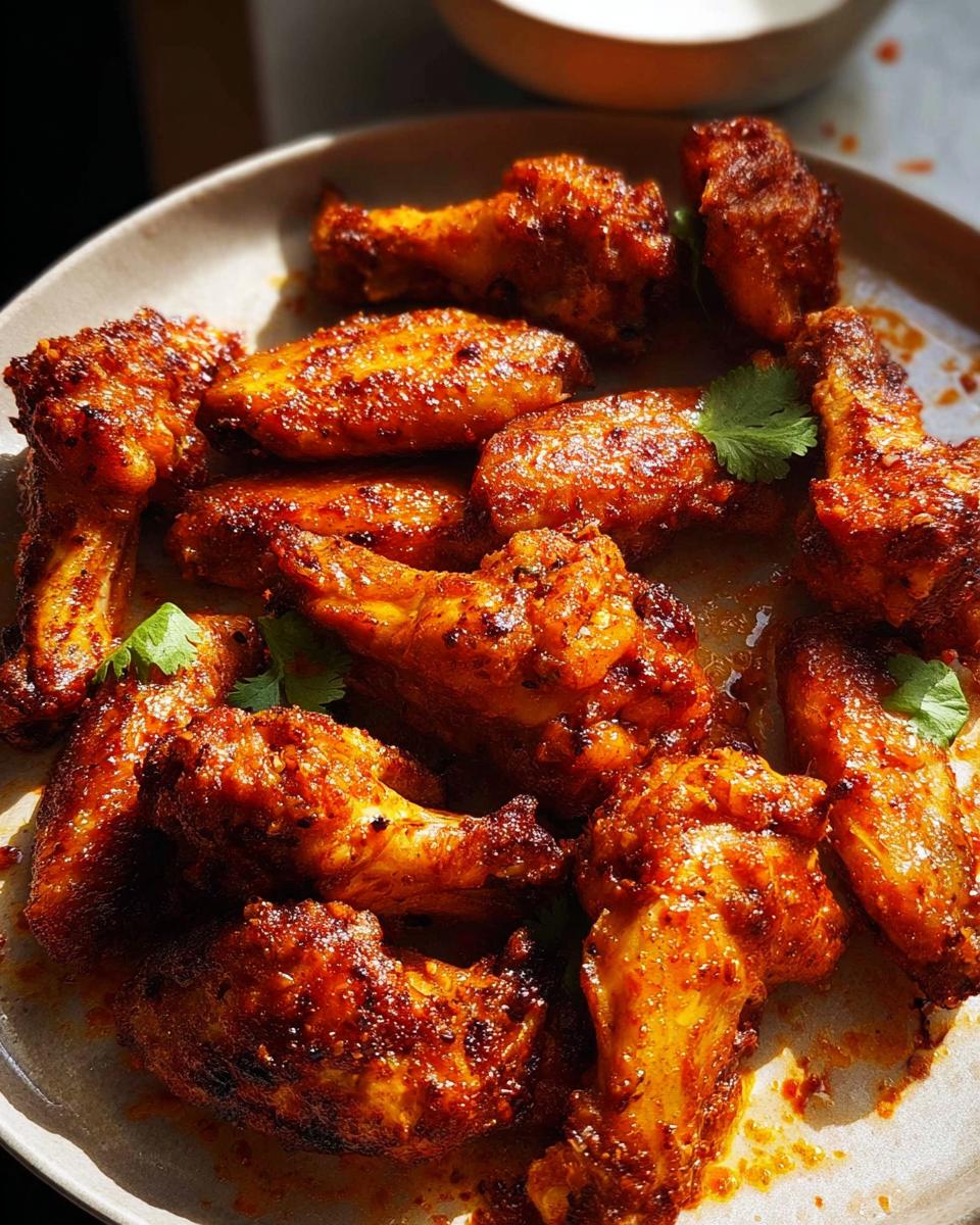 A plate of perfectly baked spicy chicken wings, glistening with sauce and garnished with cilantro.