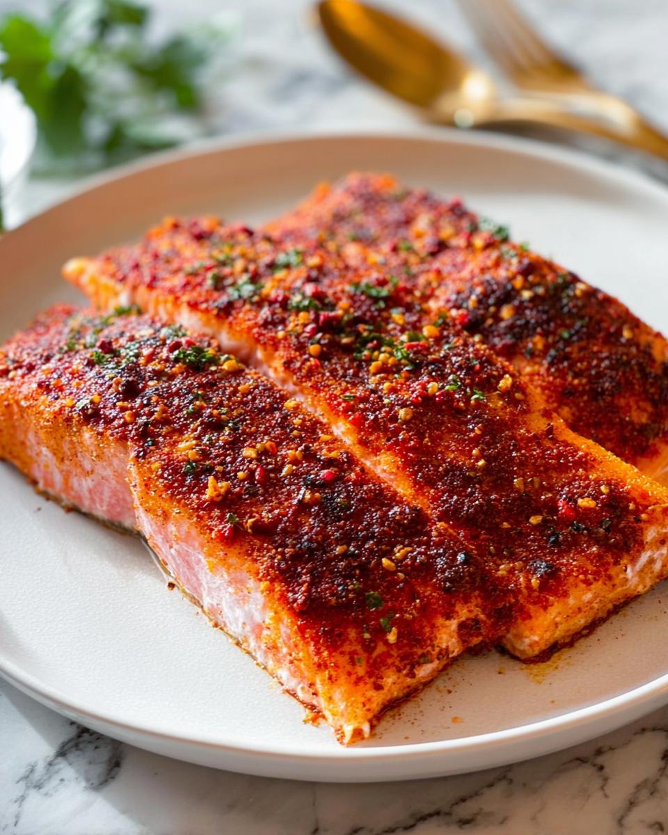 Three beautifully seasoned salmon fillets with a spicy rub, ready to be served. An easy salmon recipe.
