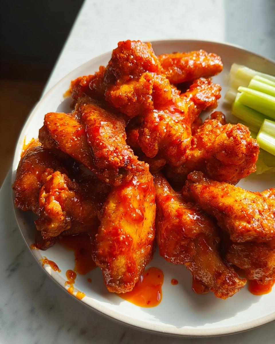 A plate of delicious, spicy chicken wings coated in a glossy red sauce, served with celery sticks.