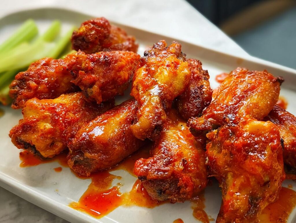 A plate of delicious, saucy chicken wings with celery sticks, perfect for busy weeknights.