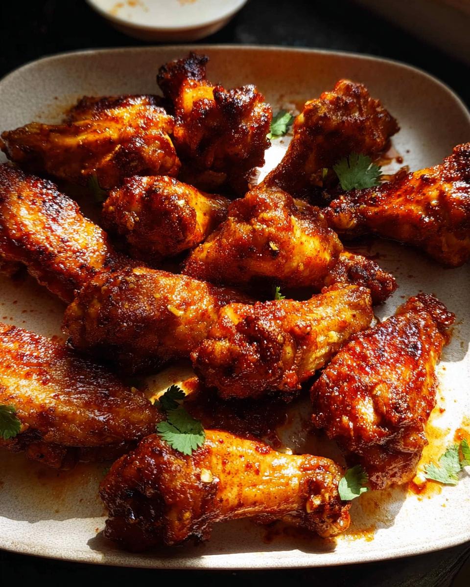 A close-up shot of a plate filled with delicious, spicy chicken wings, garnished with fresh cilantro.
