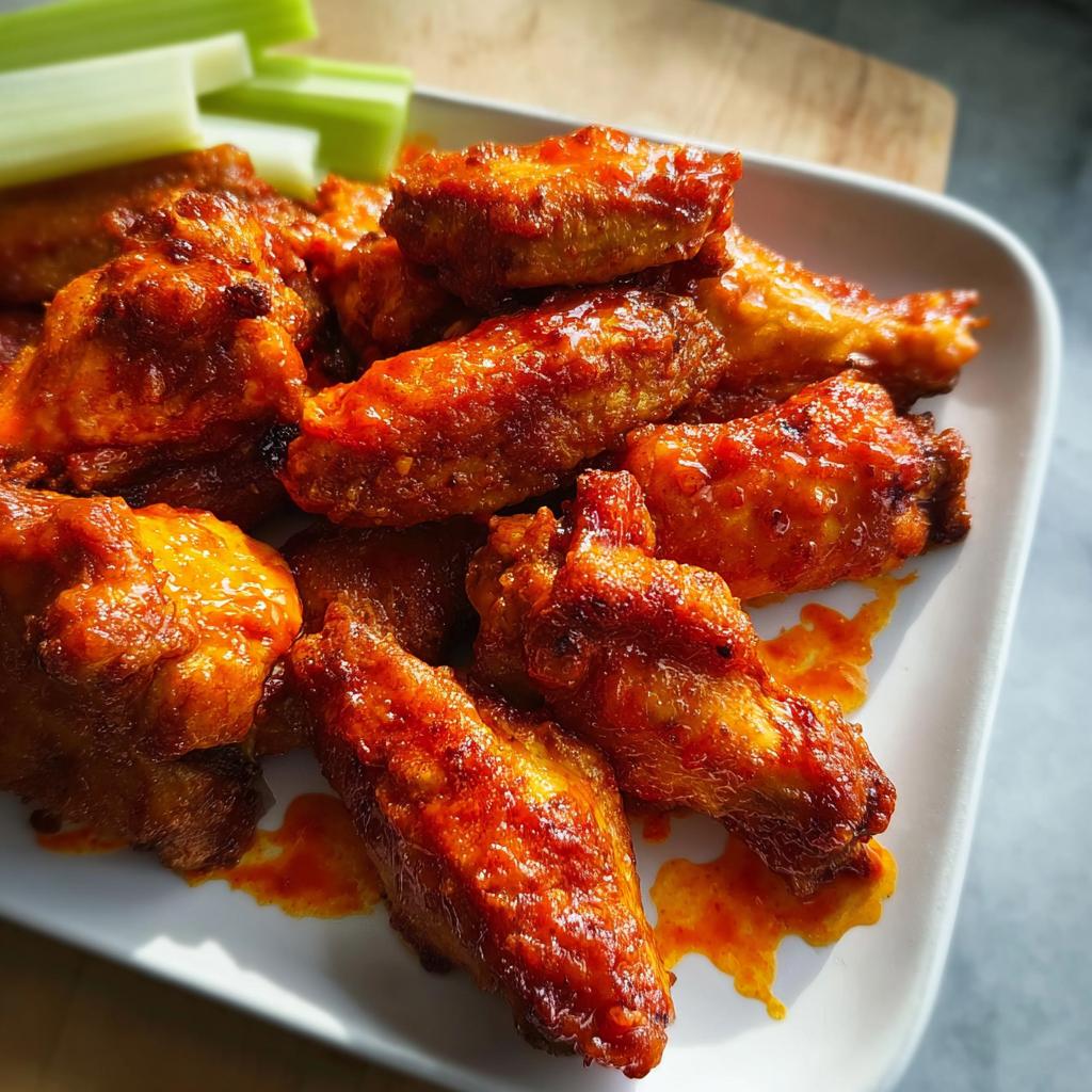A plate of delicious, saucy chicken wings with celery sticks, perfect for busy weeknights.