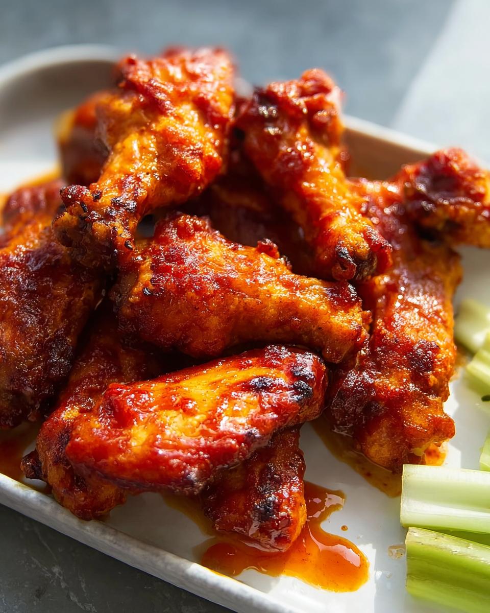 A close-up of glossy, spicy glazed chicken wings, served with celery sticks.