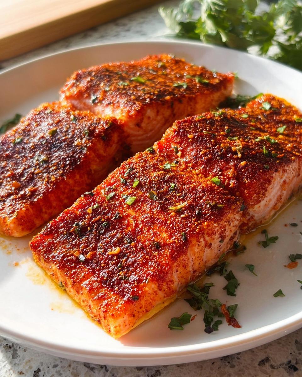 Three seasoned salmon fillets on a white plate, ready for quick salmon recipes.