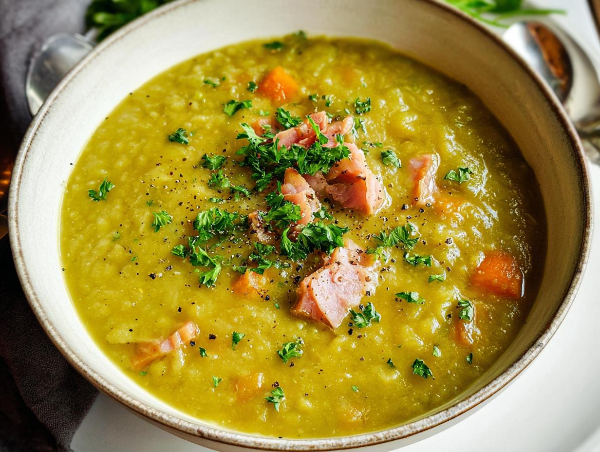 A hearty bowl of split pea soup with chunks of ham and carrots, garnished with fresh parsley and black pepper.