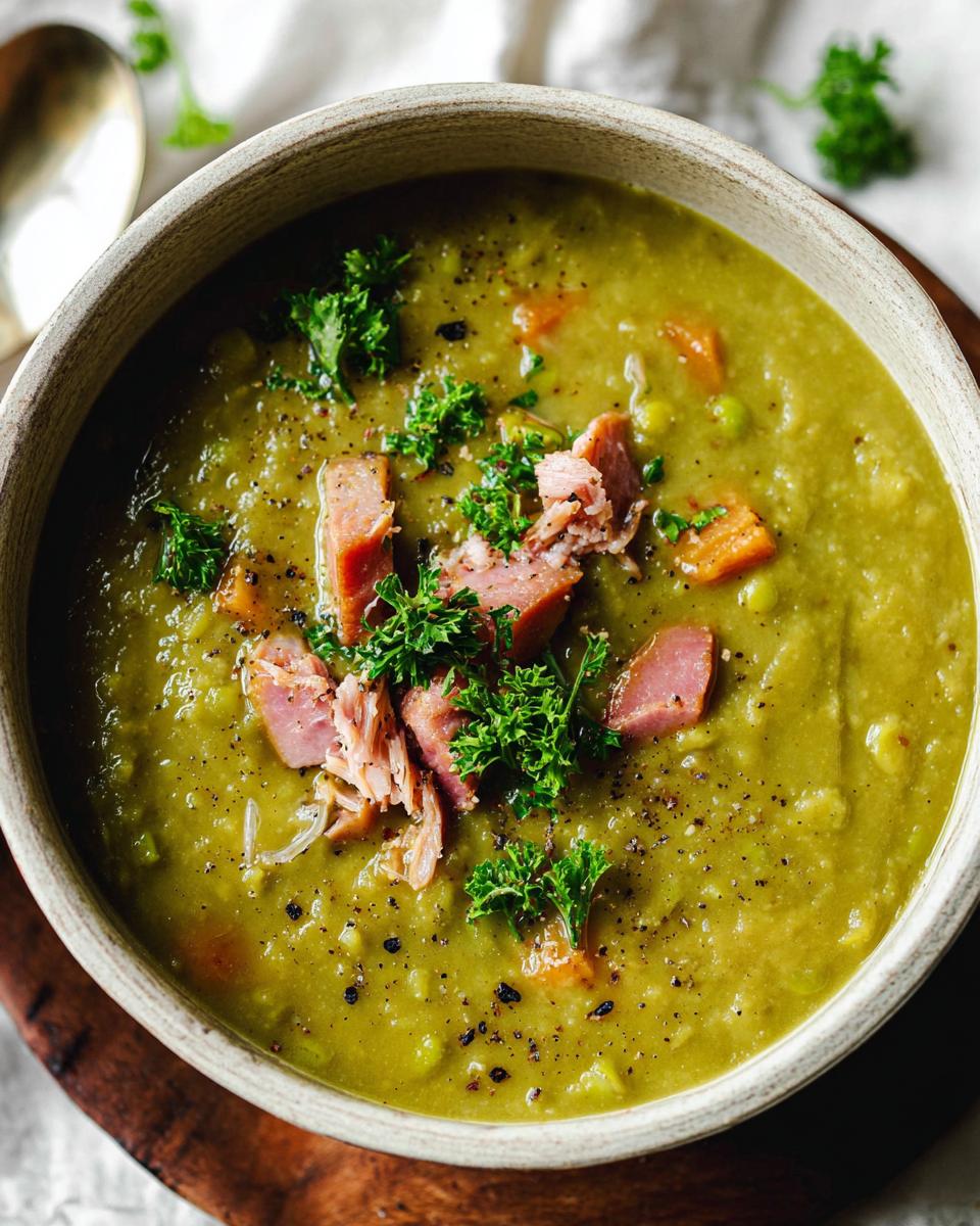 A close-up of a bowl of hearty split pea soup, topped with ham and fresh parsley.
