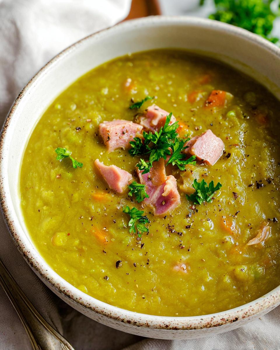 A close-up of a bowl of hearty split pea soup, topped with diced ham and fresh parsley. Learn how to make soup recipes like a pro.