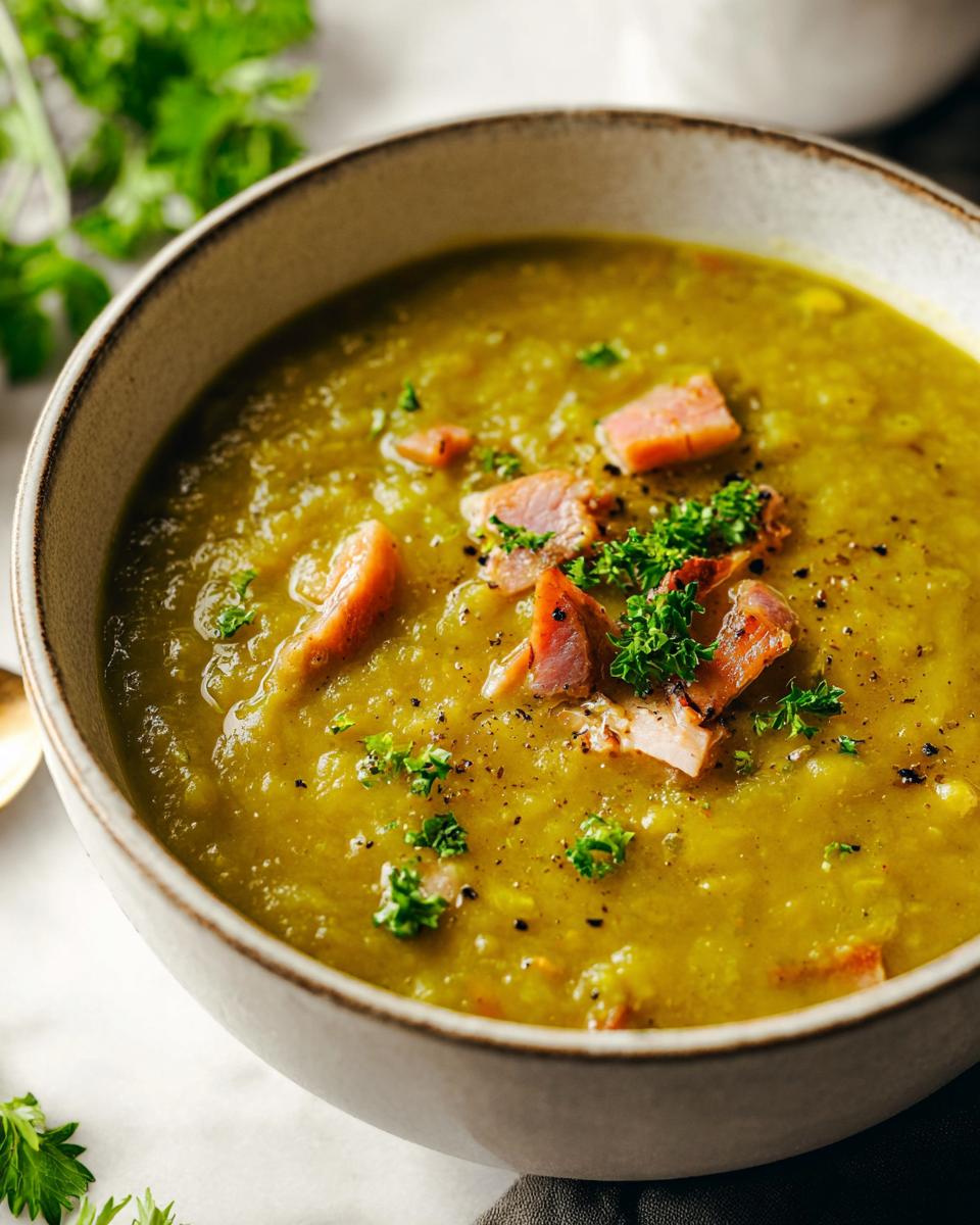 A bowl of hearty split pea soup topped with chunks of ham and fresh parsley. Learn how to make soup recipes like a pro.