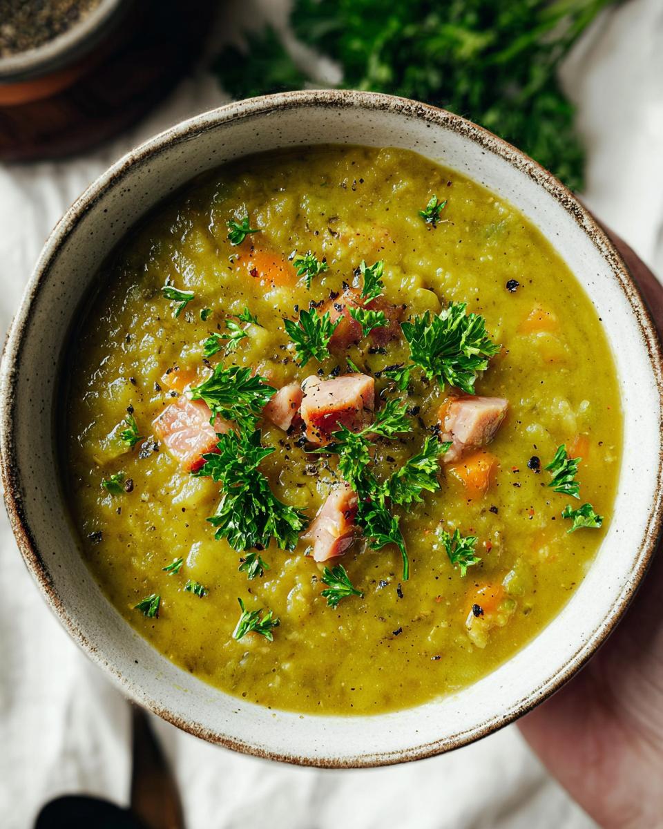 A close-up of a bowl of hearty split pea soup, garnished with diced ham and fresh parsley.
