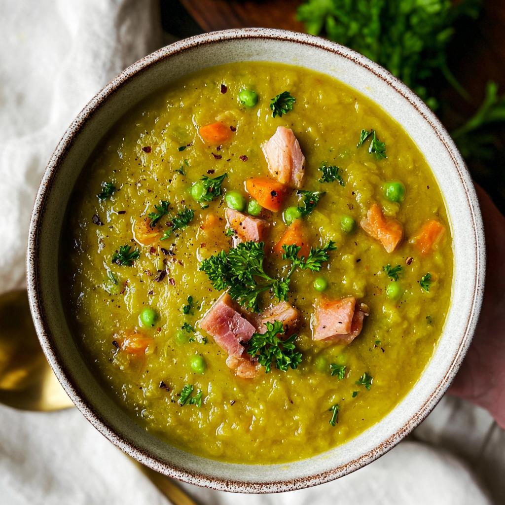 A close-up of a bowl of split pea soup, garnished with ham, peas, carrots, and parsley.