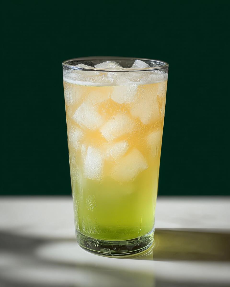 A tall glass filled with ice and a layered green and yellow Starbucks drink.