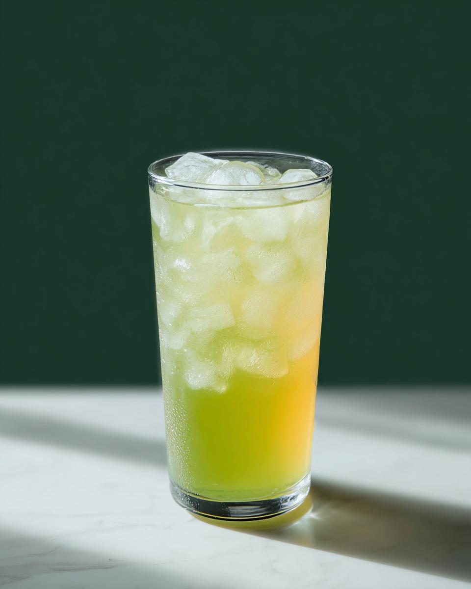 A tall glass filled with ice and a layered green and yellow Starbucks drink.
