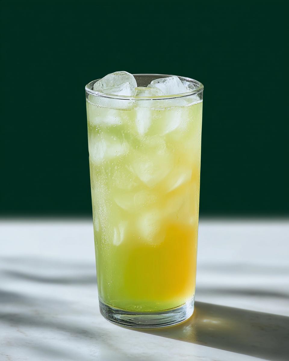 A tall glass filled with ice and a layered green and yellow Starbucks drink, part of 20-Ingredient Starbucks Drinks Recipes.