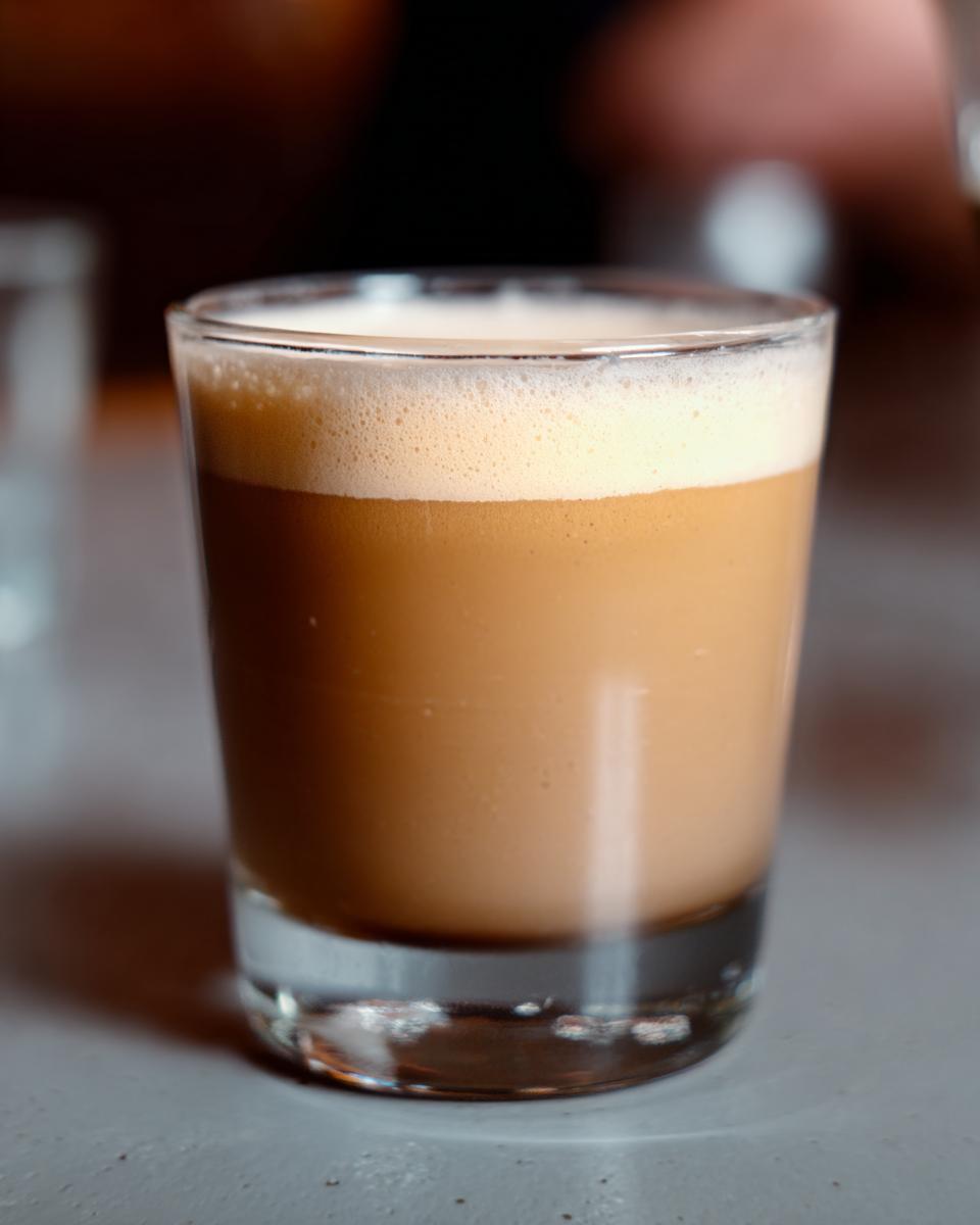A close-up of a Starbucks drink recipe, featuring a glass filled with coffee and a thick layer of foam on top.