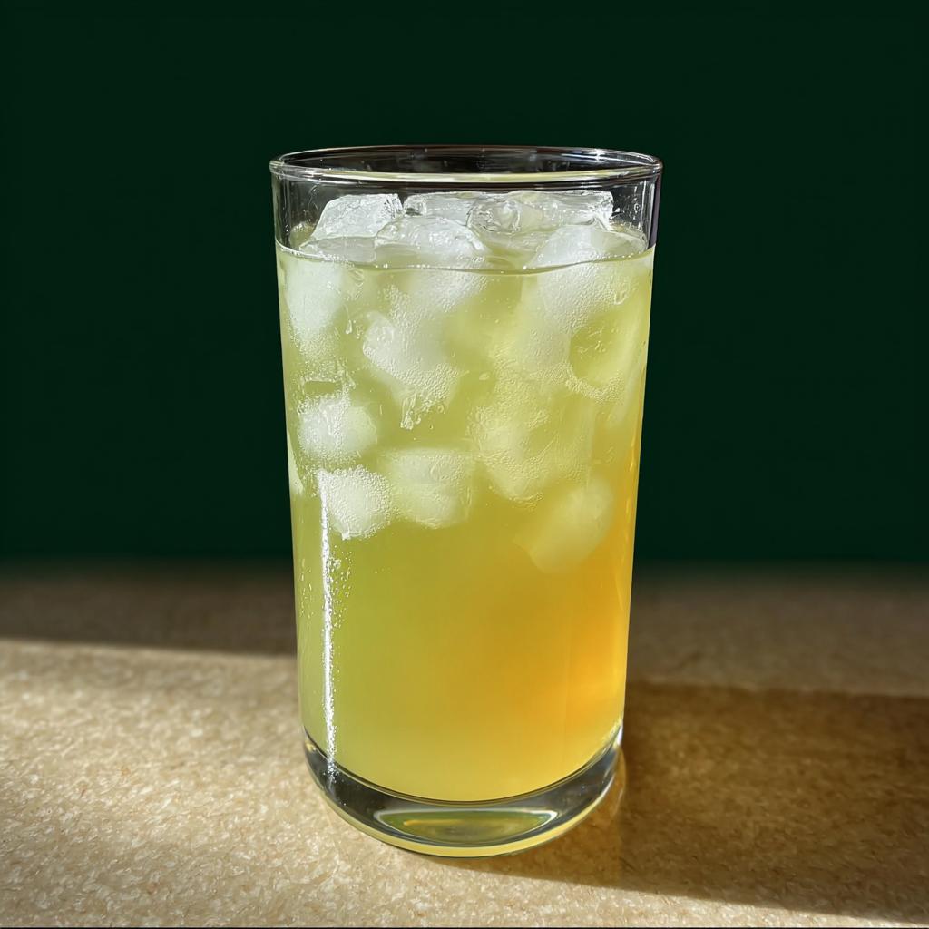 A tall glass filled with a vibrant yellow-green Starbucks drink and ice, perfect for a refreshing treat.