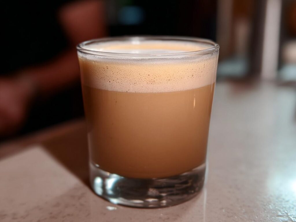 A close-up of a foamy Starbucks drink in a clear glass, perfect for busy weeknights.