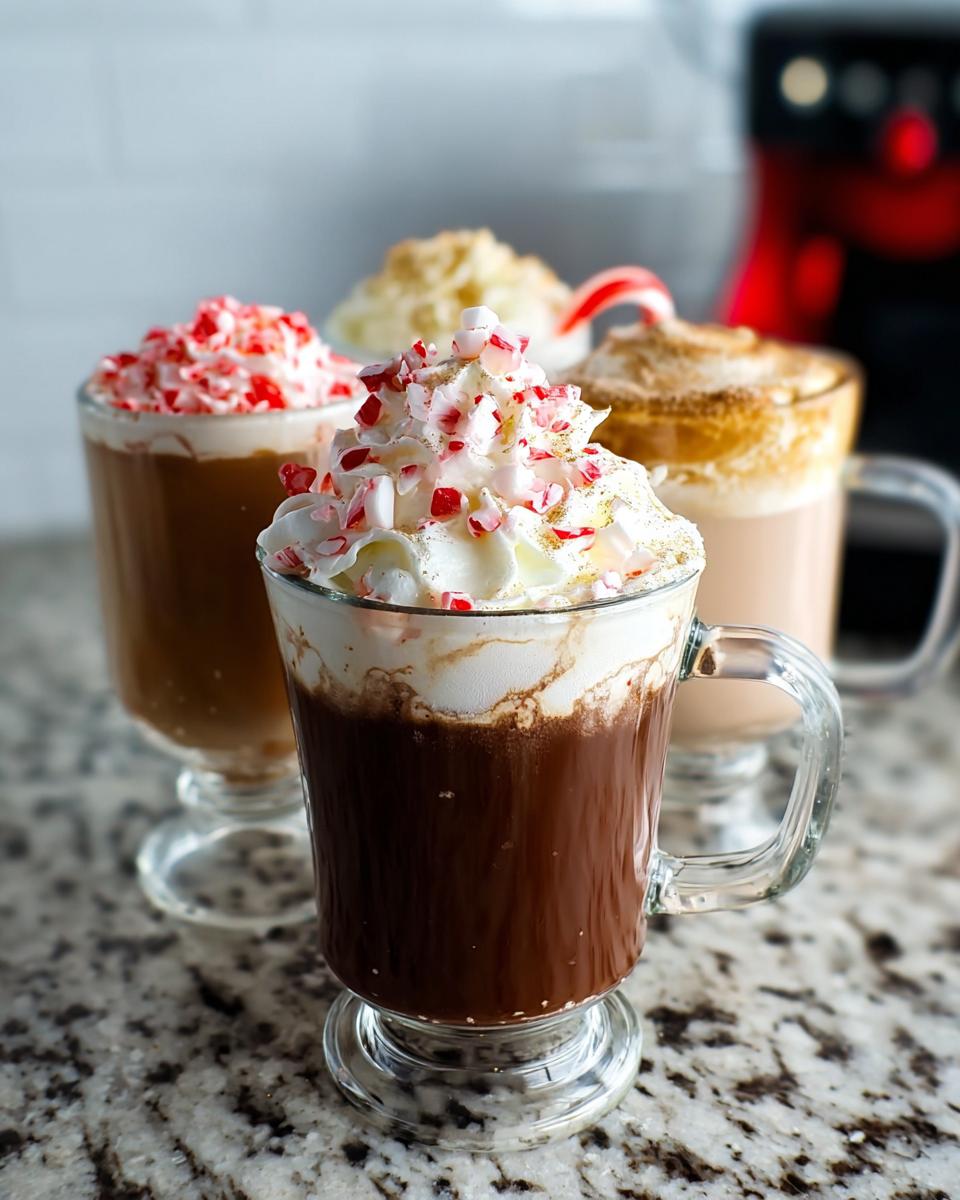 A close-up of a rich hot chocolate topped with whipped cream and crushed candy canes, part of a collection of Starbucks drinks recipes.