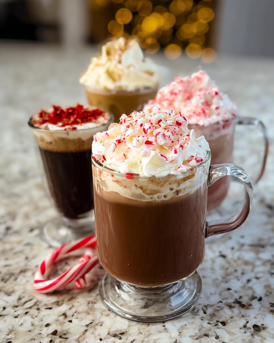 Four festive Starbucks drinks recipes topped with whipped cream and holiday toppings like crushed candy canes and red sprinkles.