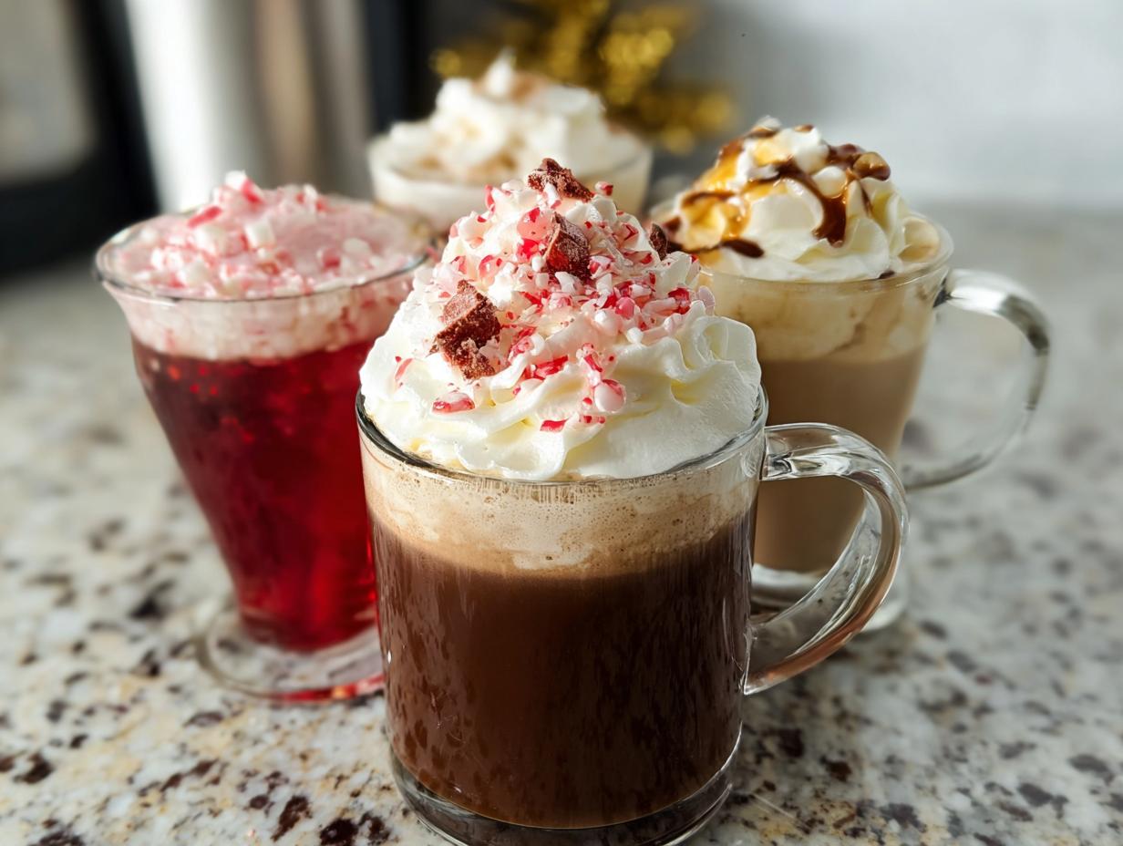 Four festive Starbucks drinks recipes topped with whipped cream and holiday toppings like crushed candy canes and caramel drizzle.