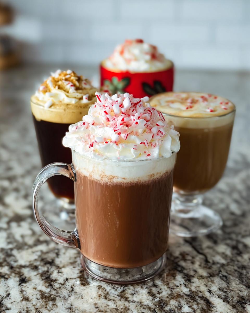A close-up of a Starbucks drinks recipe: a festive peppermint hot chocolate topped with whipped cream and crushed candy canes.