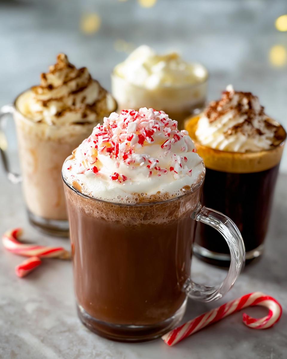 A festive Starbucks drinks recipe featuring a peppermint hot chocolate topped with whipped cream and crushed candy canes.