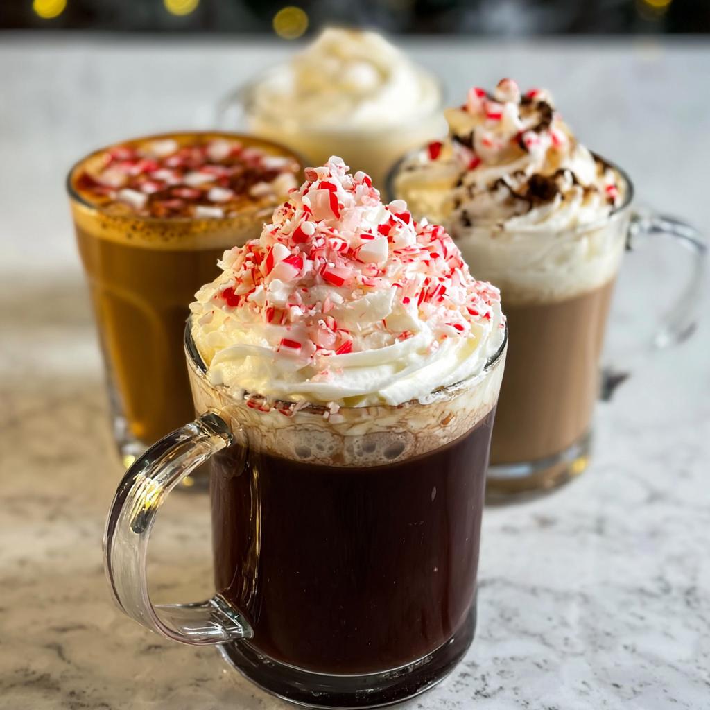 A close-up of a Starbucks-inspired peppermint hot chocolate topped with whipped cream and crushed candy canes.