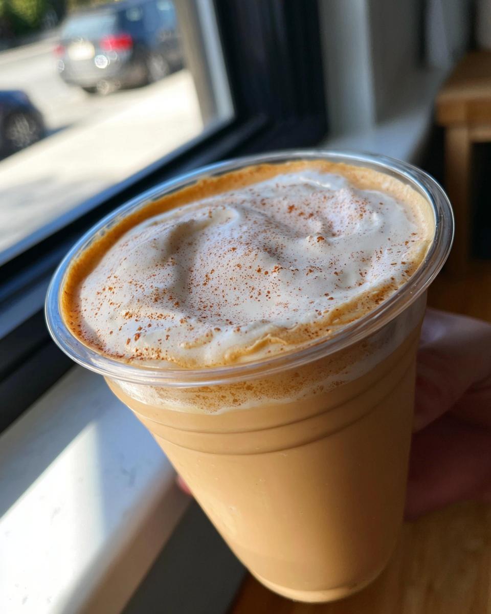 A close-up of a creamy, iced coffee drink topped with whipped cream and cinnamon, inspired by Starbucks drinks.