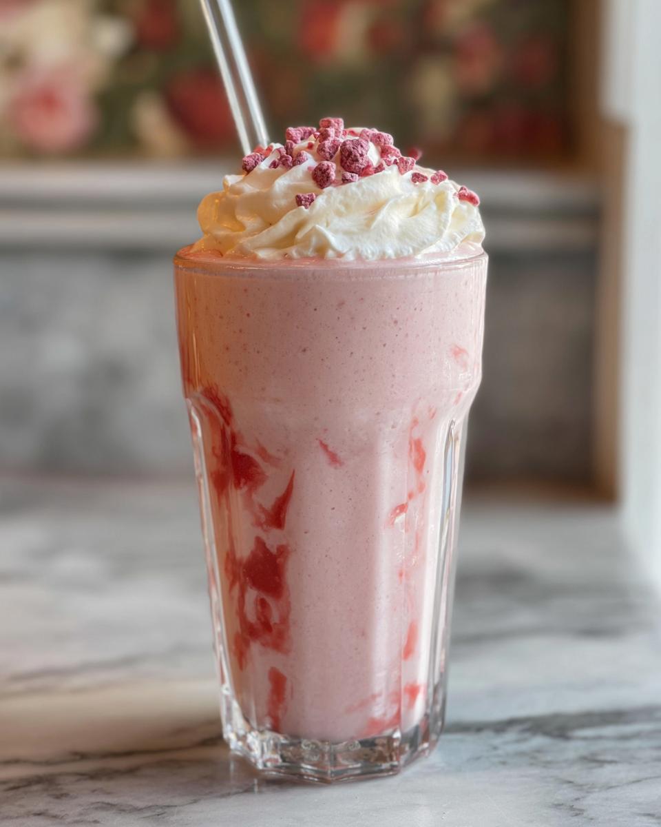 A refreshing Starbucks Pink Drink recipe with strawberry swirls, whipped cream, and freeze-dried strawberries.