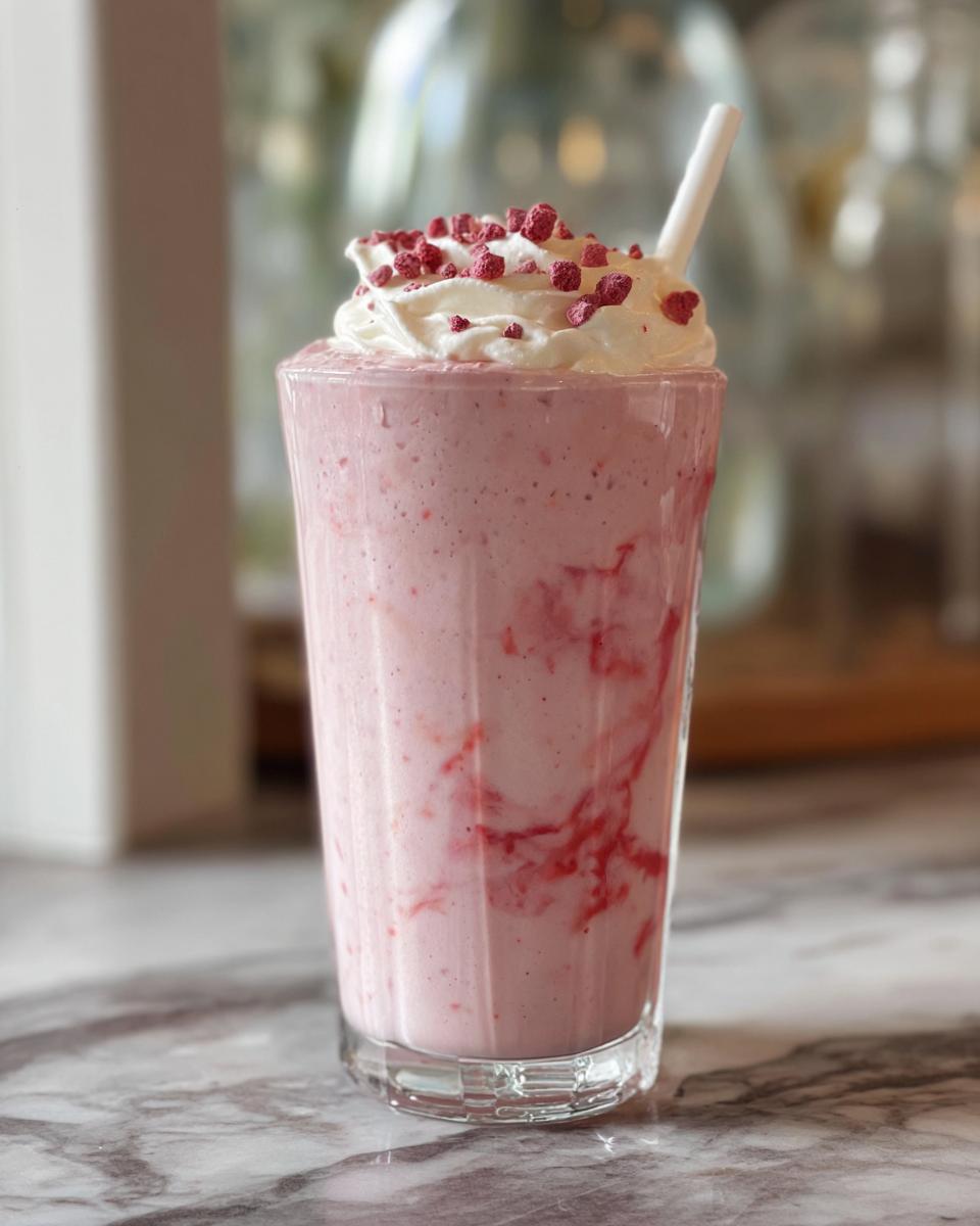 A refreshing pink strawberry drink with whipped cream and freeze-dried strawberries, perfect for when you crave Starbucks drinks.