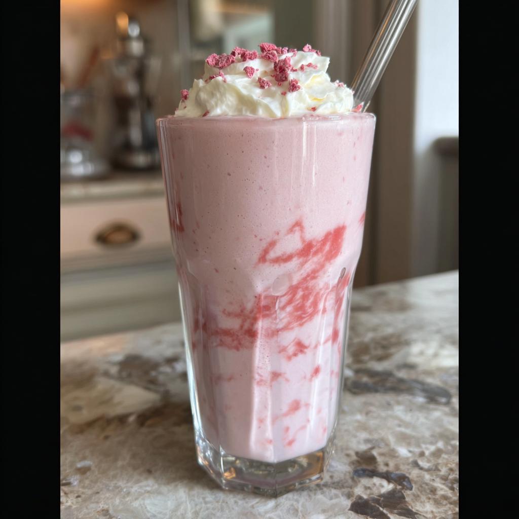A tall glass of pink strawberry frappuccino with whipped cream and pink sprinkles, made using Starbucks drinks recipes.