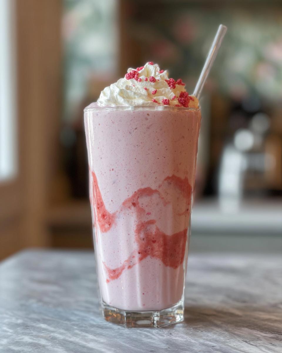 A tall glass of pink strawberry frappuccino with whipped cream and pink sprinkles, a Starbucks drink recipe.