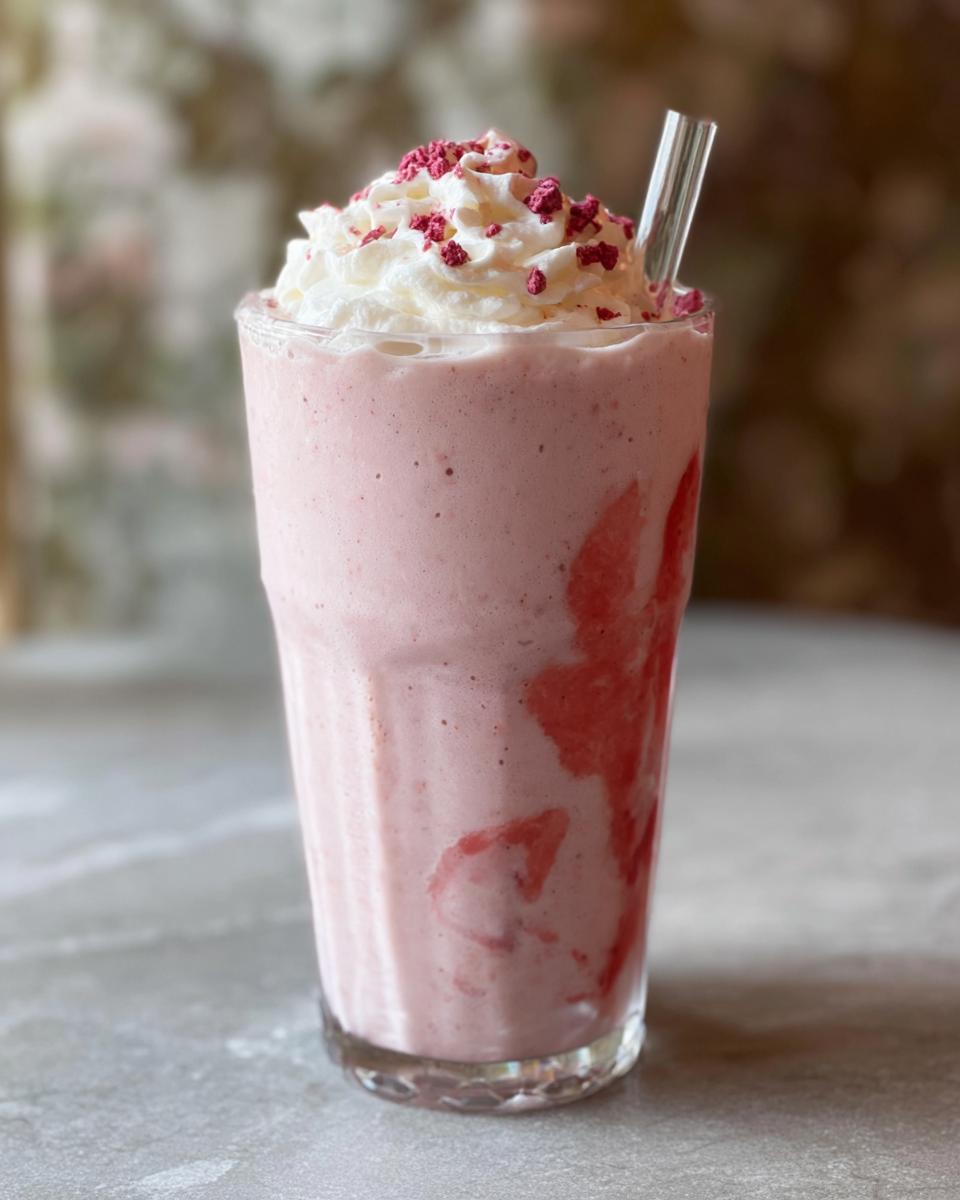 A refreshing pink strawberry frappuccino topped with whipped cream and freeze-dried berries, perfect for when you crave Starbucks drinks.