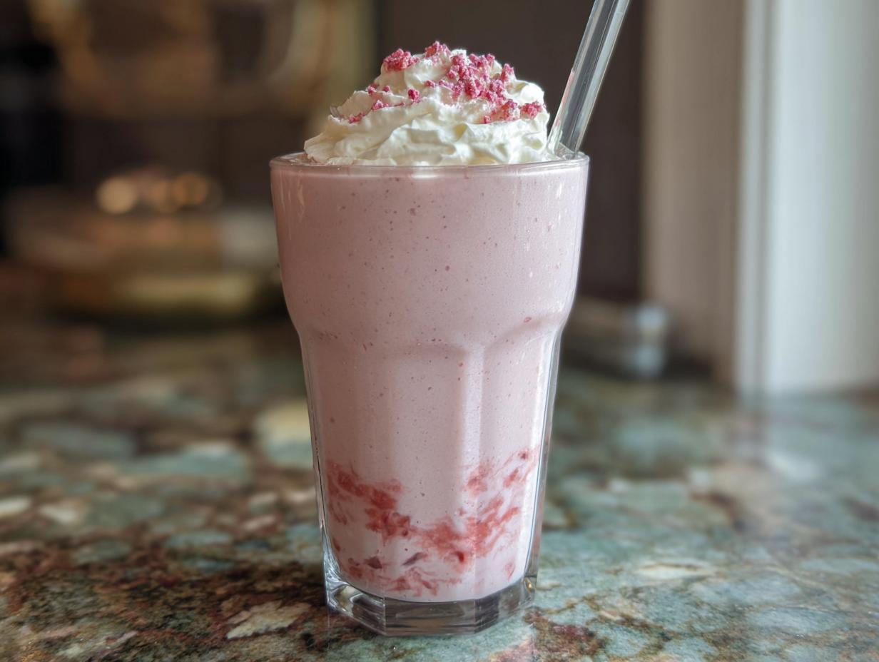 A refreshing homemade Starbucks strawberry frappuccino recipe, topped with whipped cream and pink sprinkles.