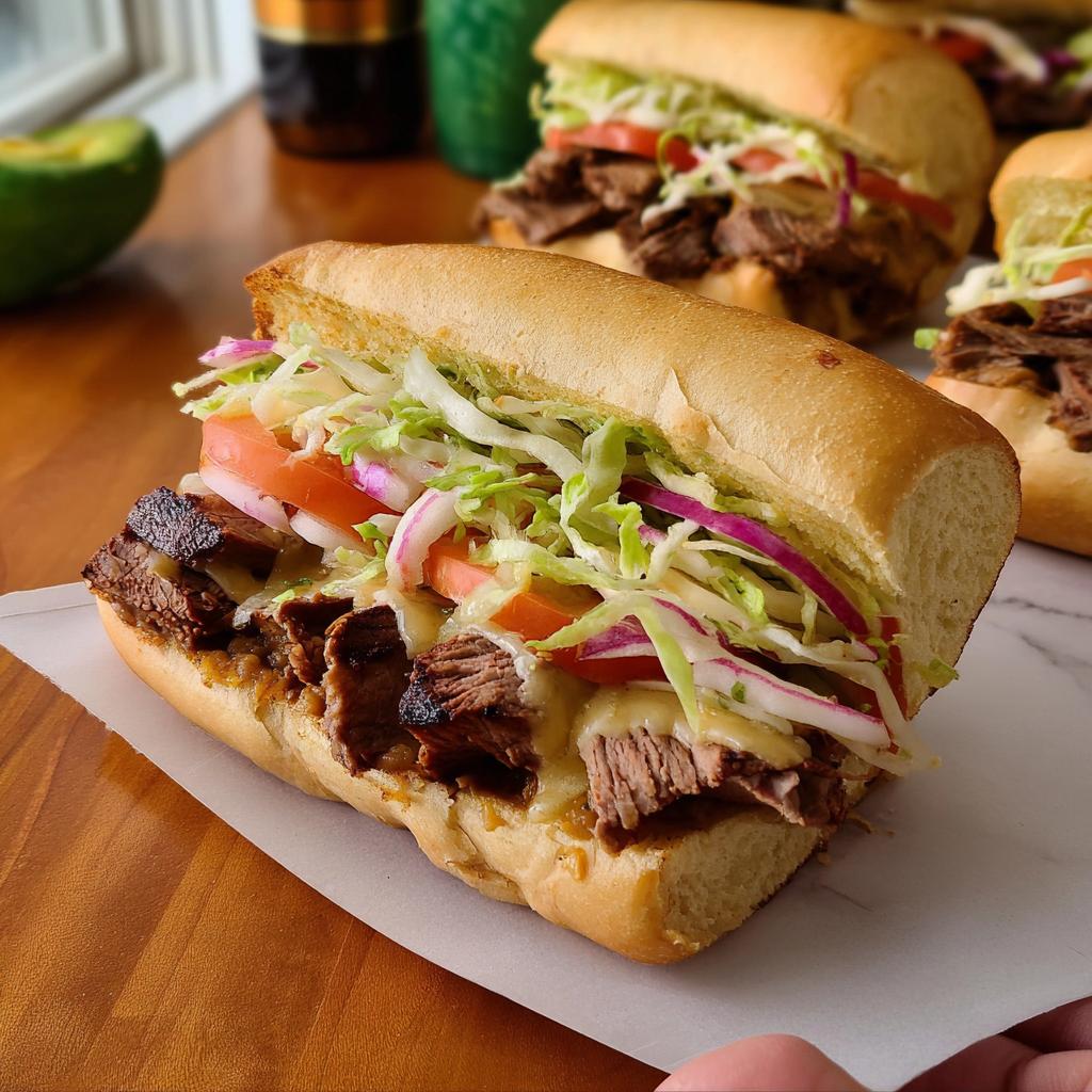 Close-up of a hearty steak sandwich with melted cheese, lettuce, tomato, and onion, part of 7-Ingredient Sandwich Ideas Recipes.