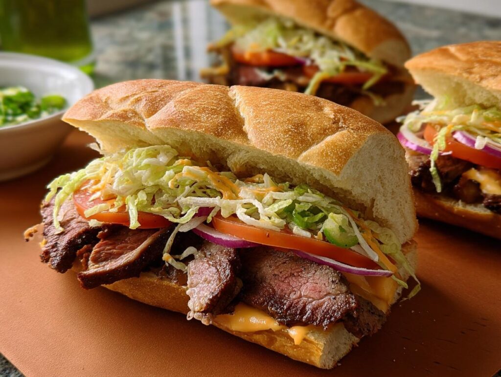 Close-up of a hearty steak sandwich with melted cheese, lettuce, tomato, and onion, part of 7-Ingredient Sandwich Ideas.